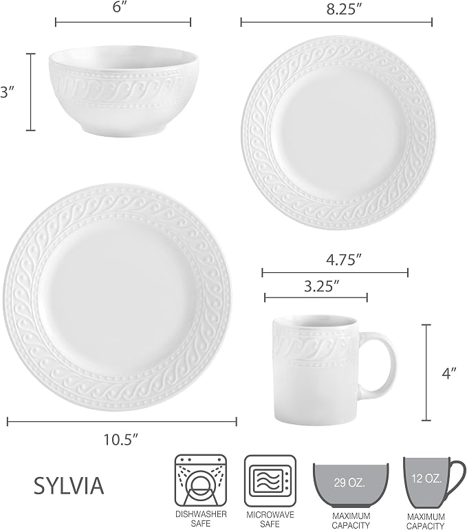 Pfaltzgraff Sylvia Dinnerware Set 32-Piece Service for 8 - White Porcelain Dinner Plates, Salad Plates, Soup Bowls and Mugs with Embossed Scrollwork