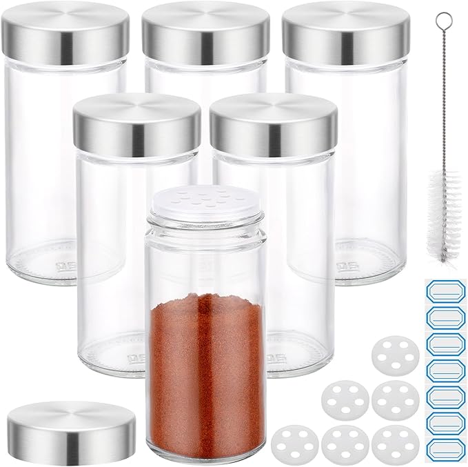 Segarty 3oz Spices Jars with Stainless Steel Lids, 6 PCS 90ml Empty Round Spice Containers, Clear Glass Seasoning Organizers for Spices Storage, Small Salt and Pepper Shaker with 7 Stickers, 1 Brush