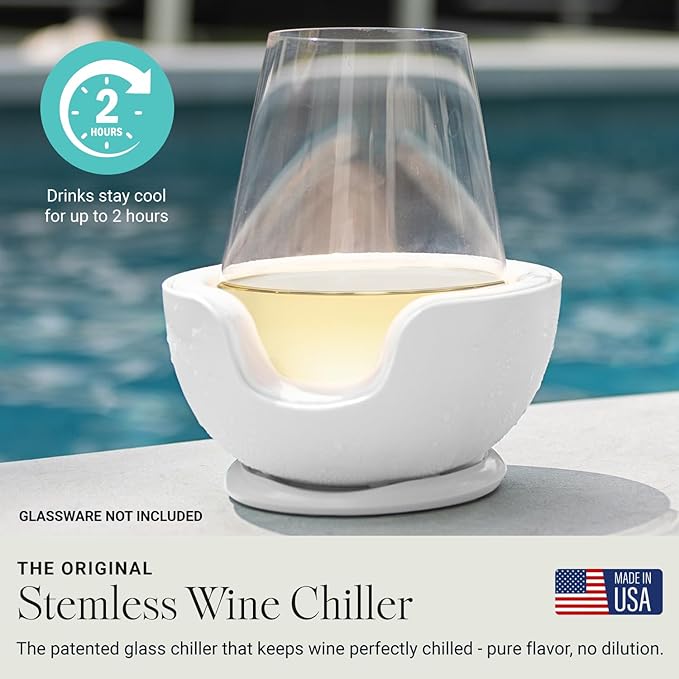 VoChill Stemless Wine Glass Chiller | Keep the Chill In Your Glass | Made in the USA | Separable & Refreezable Chill Cradle | Actively Chills Stemless Glassware | Quartz, Single Stemless