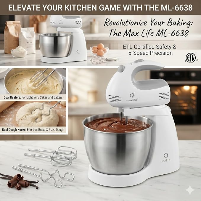 Max Life 3.2 Quarts Stand Mixer - 5-Speed Electric Powerful Stand Mixer, White, with Stainless Steel Bowl, Dough Hooks, Beaters,