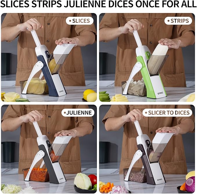 QYKIC Safe Mandoline Slicer 5 in 1 Vegetable Chopper Food Potato Cutter, Strips Julienne Dicer Adjustable Thickness 0.1-8 mm Kitchen Chopping Artifact Fast Meal Prep