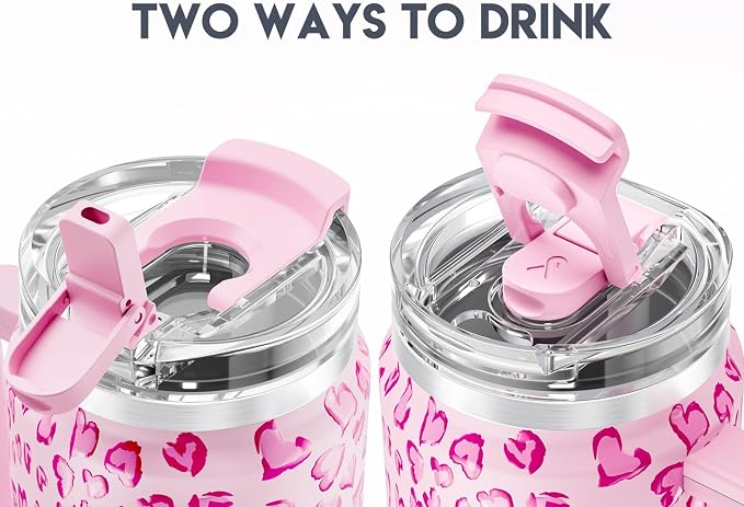 Meoky 40 oz Tumbler with Handle and Straw, Insulated Tumbler with Lid and Straw, Stainless Steel Travel Mug, Keeps Cold for 34 Hours, 100% Leak Proof, Fits in Car Cup Holder (Love)