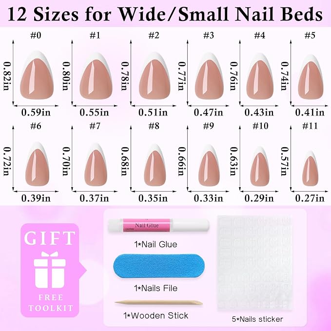 240pc White French Tip Press on Nails Short Almond Acrylic Nail, Coffee Press ons Fake Nails with Glue & Tabs, 12 Sizes Glue on Nails Short Press-on Nail Almond Artificial Stick on Nail for Women