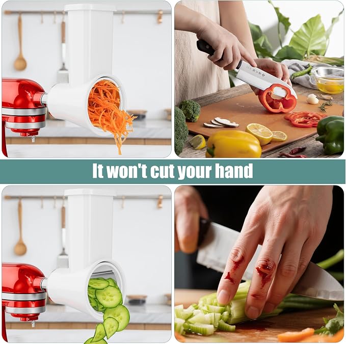Slicer Shredder Attachment for KitchenAid Stand Mixer | Cheese Grater Attachment for Kitchenaid, Salad Maker, Grinding Powder, Dishwasher Safe with 4 Blades, White