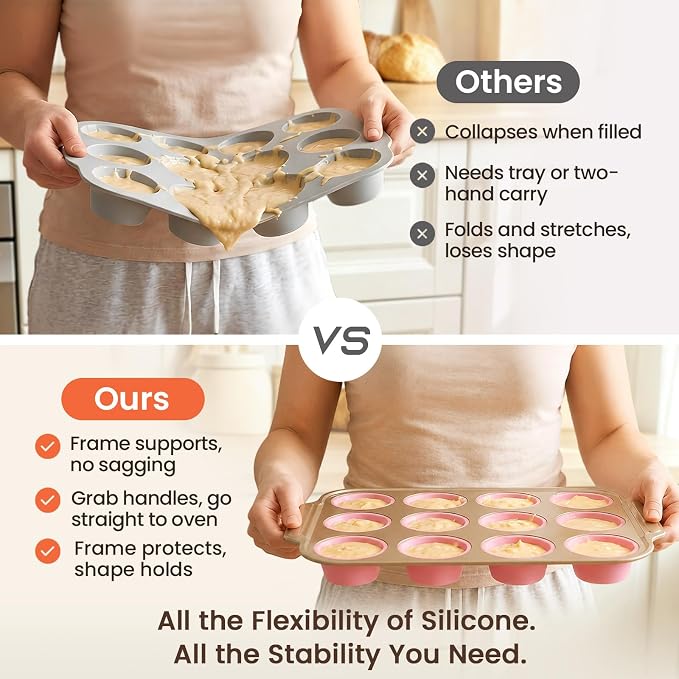 Silicone Muffin Pans for Baking with Metal Frame, 12-Cup Silicone Cupcake Pan, Egg Bite Silicone Mold, Nonstick, BPA Free, Oven & Dishwasher Safe