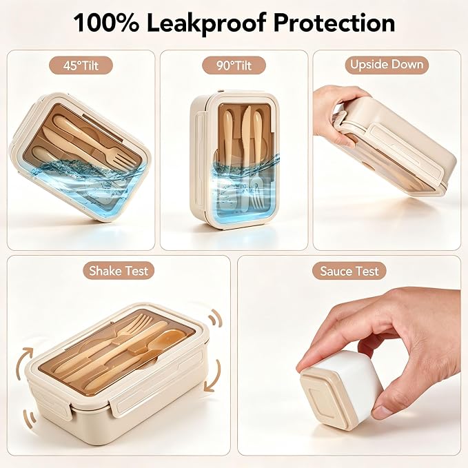 Bento Lunch Box Set for Adults & Kids with Insulated Bag Khaki | Includes lunch bag, spoon, fork, sauce box,BPA-free & dishwasher safe,For adults.child, school, work, office, travel, picnic