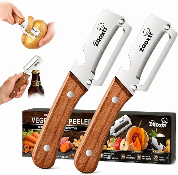 2-in-1 Multifunctional Vegetable Peeler with Bottle Opener | Wide Stainless Steel Blade and Non-Slip Wooden Handle, Kitchen Peeler for Potato, Apple, Pumpkin, Fruit and Vegetables 2pcs
