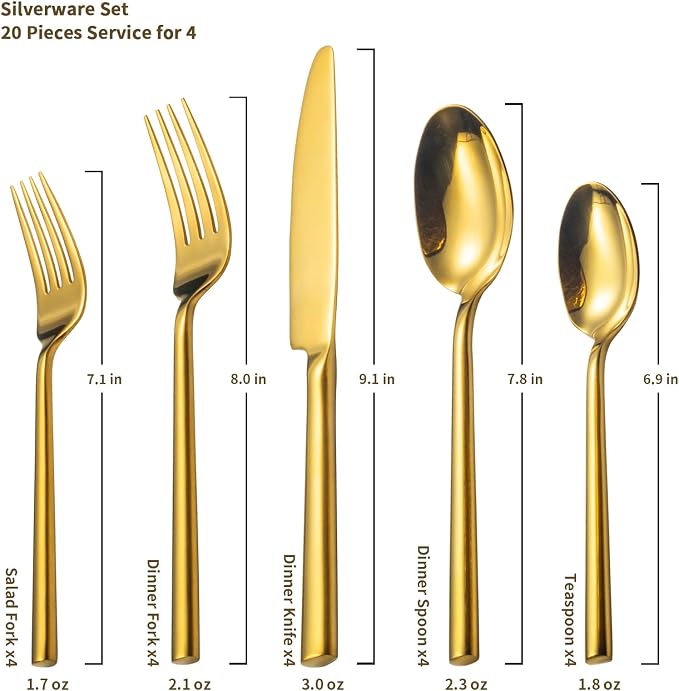 Alata Potter Gold 20-Piece Forged Silverware Set, Service for 4, Stainless Steel Flatware Set, Modern Design with Mirror Finish, Ideal for Home, Kitchen, Party, Camping