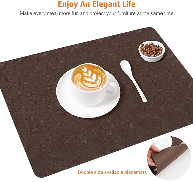 Brown Vinyl Placemats Set of 8 Waterproof Wipeable Table Mats | Heat Resistant Easy Clean Place Mats Faux Leather Table Mats Washable PVC Table Placemats for Dining Table
