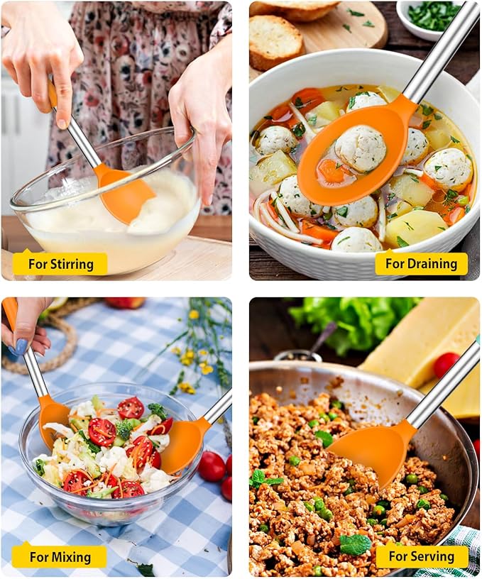 BUNDLEPRO Silicone Cooking Spoons for Non Stick Cookware, 2 Pack, Orange | Heat Resistant, Large Kitchen Spoons for Mixing, Serving, Draining, Stirring