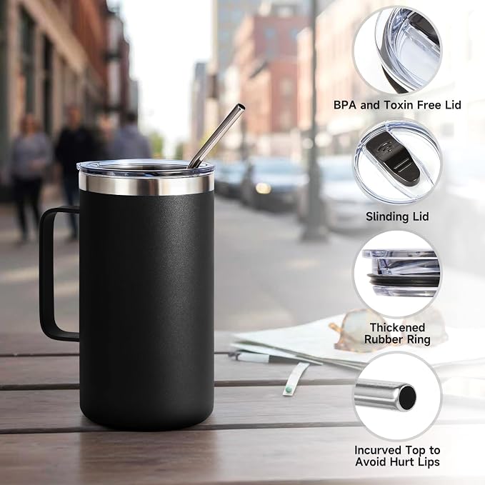 Volhoply 22oz Insulated Stainless Steel Coffee Mugs with Leakproof Lid Bulk 2 Pack,Double Wall Vacuum Travel Coffee Cup with Handle,Reusable Metal Tumbler,Camping Mug Keep Hot&Cold(Black,2)