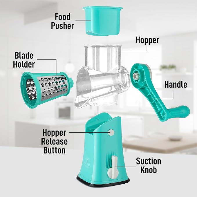 Zulay Kitchen Rotary Cheese Grater 5 Blade Cheese Shredder - Manual Hand Crank Cheese Grater With Reinforced Suction & 5 Interchangeable Drums - Easy to Use, Vegetable Chopper Round Mandoline Slicer