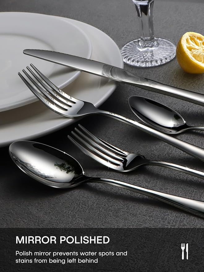 60 Piece Silverware Set, Black Flatware Sets for 12 Food-Grade Stainless Steel Cutlery Utensils Include Spoon Knife Fork Mirror Polished for Home, Party, Wedding, Dishwasher Safe