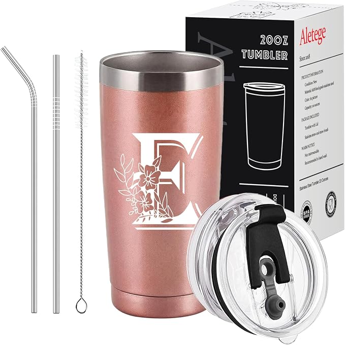 Letter E Insulated Travel Cup with Lid, Personalized Initial Mugs for Women, Letter E Gift Coffee Mugs for Women, Wife, Mom, Grandma, Bridal Shower Gifts, 20 OZ Rose Gold Two Lids
