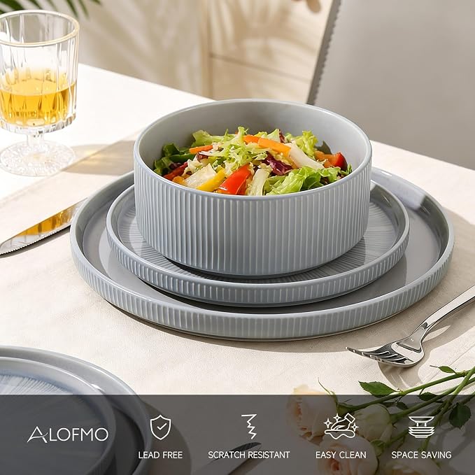 Stoneware Dinnerware Sets for 4, 12-Piece Plates and Bowls Set, Dusty Blue | Advanced Inkjet Printing Ceramic Dishes, Modern Minimalist Tableware, Scratch Resistant, Microwave and Dishwasher Safe