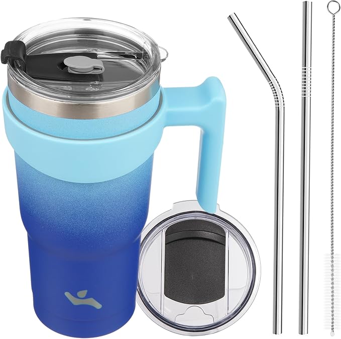 Konokyo 20 oz Tumbler with Handle and Straw, Insulated Travel Mug | Sky; BPA-free, leak-proof tumbler with 2 lids, 2 straws, cup holder fit for coffee, office, travel & daily use