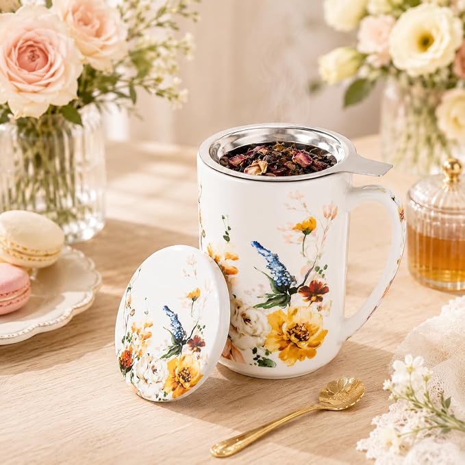 GBhome Tea Mug with Infuser and Lid,18 Ounce Ceramic Loose Leaf Cup Steeper | Lead-Free Glaze For Tea Lovers,Microwave & Dishwasher Safe with Tea Strainer