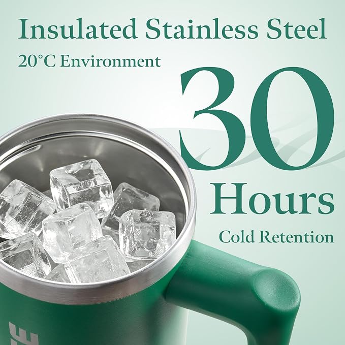 Forest Green 30 oz Insulated Tumbler with Handle Coffee Travel Mug with Lid and Straw, 100% Leakproof Stainless Steel Mug Water Bottle for Iced Tea, Cold Beverages Fits in Car Cup Holder