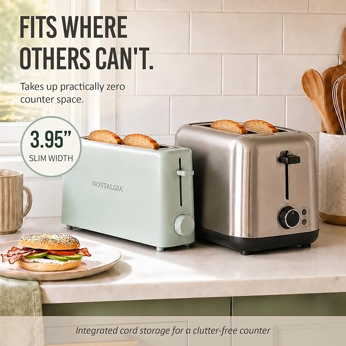 Nostalgia Slim 2-Slice Toaster – Wide Slot – Space-Saving Design – Adjustable Browning Dial – 10-inch Long Slot Fits 2 Slices of Bread or Bagel Halves – Drop-down Crumb Tray – Sage