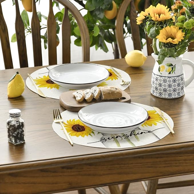 Artoid Mode Buffalo Plaid Sunflower Sunshine Vase Round Summer Placemats Set of 4, 14 Inch Spring Fall Table Mats for Dining Decoration