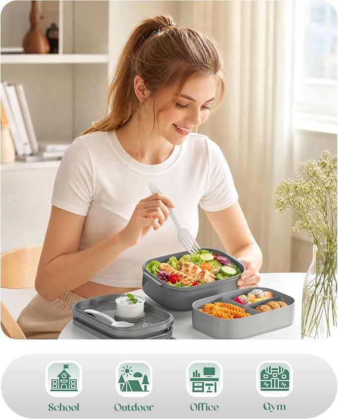 Bento Lunch Box, 65 oz 3-Tier Stackable Lunch Container, Adjustable 2/3 Tier Design, BPA-Free Food-Grade Plastic, Leakproof, Microwave & Dishwasher Safe, Gray
