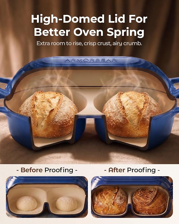 Mini Double Dutch Oven for Sourdough, Enameled Cast Iron Bread Pan, Blue | Double Loaf Bread Pan with Lid, Mini Sourdough Dutch Oven for Bread Baking