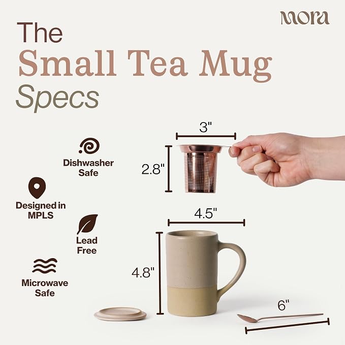 Mora Ceramics Tea Cup with Loose Leaf Infuser, Spoon and Lid, 12 oz, Microwave and Dishwasher Safe Coffee Mug - Rustic Matte Ceramic Glaze, Modern Herbal Tea Strainer - Great Gift for Women, Mushroom