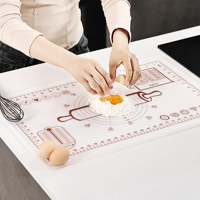 Silicone Baking Mat 16"L x 24"W, Extra Thick Dough Rolling Pad with Measurements and Edge Heightening, Non-stick Food Grade Silicone Pastry Mat for Pastry, Bread, Cookies (Transparent)