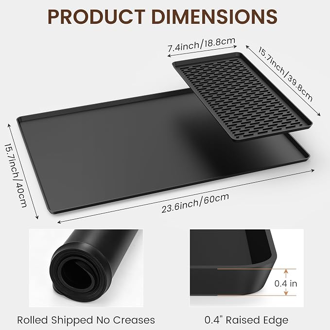Silicone Coffee Mat, 24” x 16” Coffee Bar Mat for Countertop with Detachable Dish Drying Mat, Anti-Slip Countertop Protector for Espresso Machine, Heat Resistant, Rolled Ship, Black