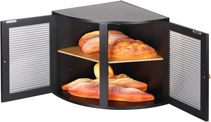 Black Bread Bin, Double Layers Bamboo Corner Bread Box for Kitchen Counter | Holds 2+ Loaves, Right Triangle Fits Counter Corners, Clear Window, Breathable Keeps Bread Fresh, Saves Small Kitchen Space
