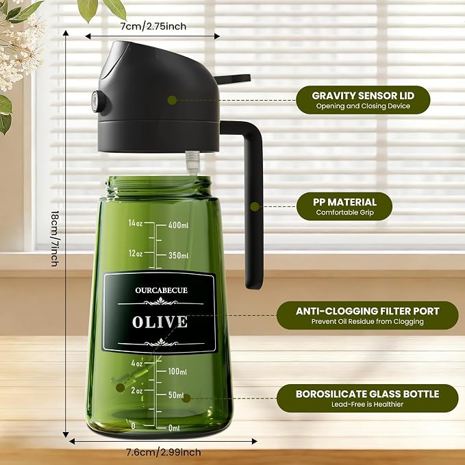 Olive Oil Sprayer & Dispenser for Cooking, 16oz Dark Glass Oil Mister, 2PC | 2-in-1 Oil Sprayer & Pourer, Fine mist, Light-Blocking, Wide Mouth, Easy Refill & Clean, 8 Oil Labels, Reusable, with Scale
