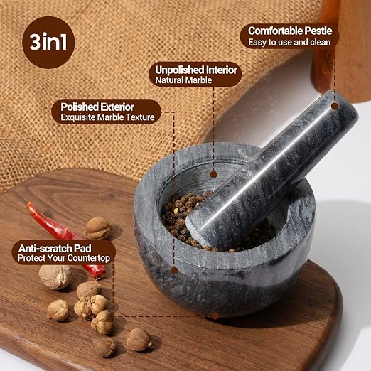 Tera Mortar and Pestle Set Natural Marble Grinder Spice Herb Grinder Pill Crusher Black 3.9in