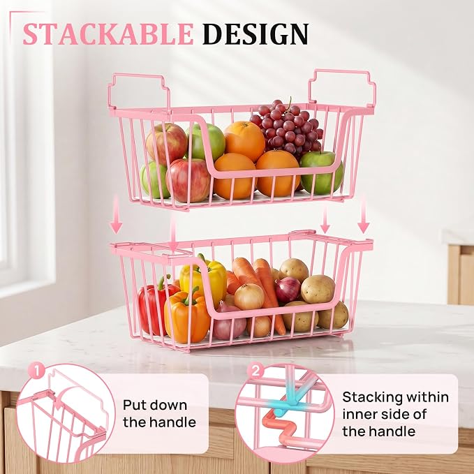 SUNALLY Stackable Storage Bins 6 Pcs Wire Baskets Freezer Organizer, Pink | Pantry Organizers Storage, Vegetable Fruit Storage Basket for Countertop, Kitchen Baskets for Onion Potato Snack Cans Storage
