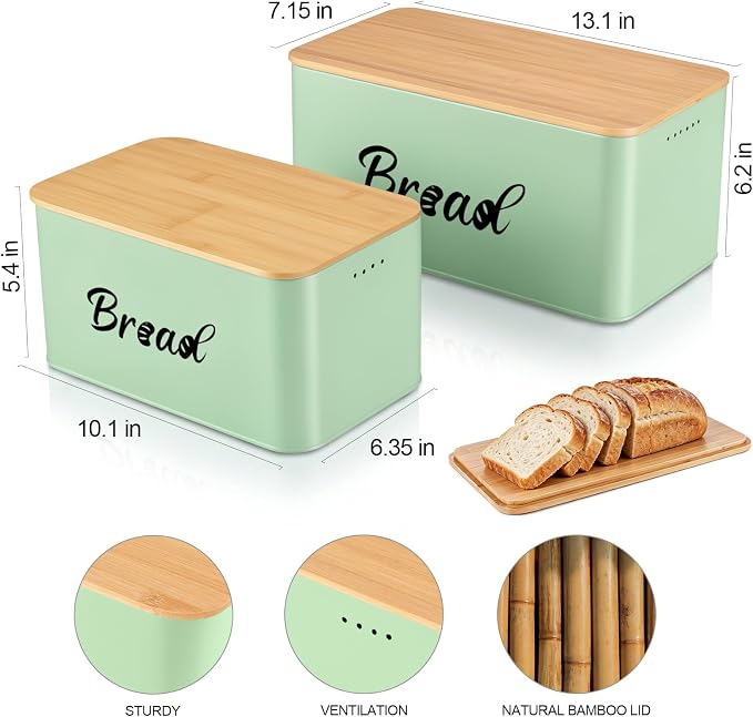 Metal Bread Box Set of 2 with Bamboo Lid, Modern Bread Storage Containers with Air Vents, Bamboo Cutting Board Lid, Farmhouse Kitchen Decor Organizer for Countertop, 2-Size (Large & Small)Sage Green