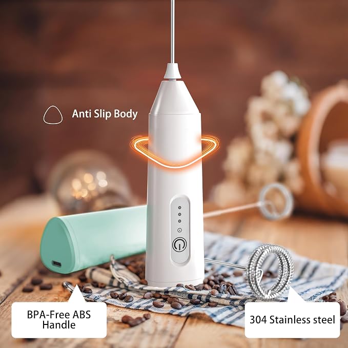Puraville Rechargeable Electric Milk Frother Handheld, White | 3 Speeds Electric Whisk Drink Mixer, Type-C Charging BPA Free for Coffee, Latte, Cappuccino, Egg