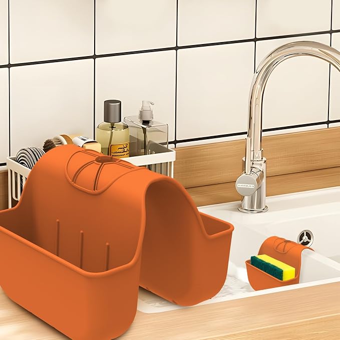 Sponge Holder for Kitchen Sink, Silicone Sink Saddle Caddy Organizer Rack, Sponges Holder Over Faucet, Hanging Kitchen Organizer Accessories Rack Basket - Orange