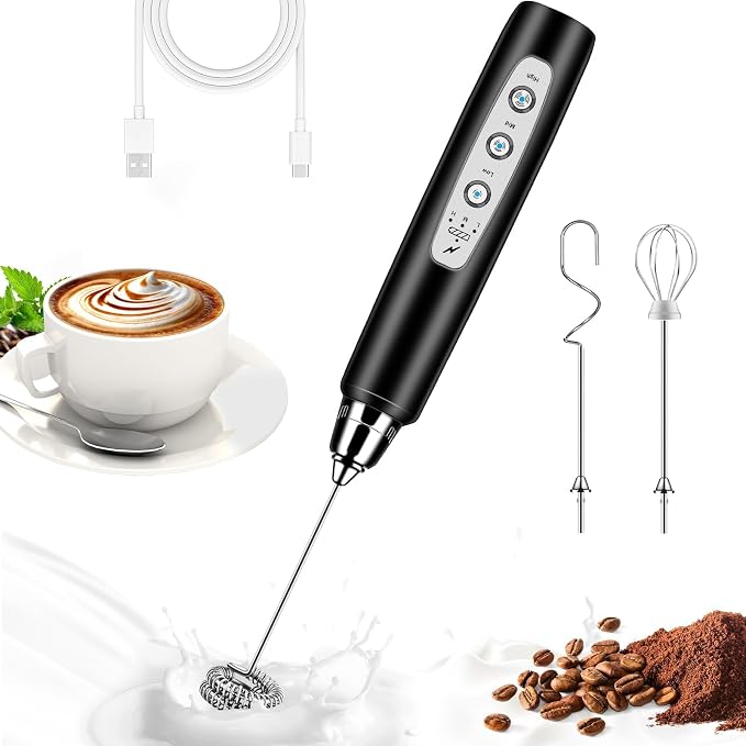 Milk Frother Wand Rechargeable Handheld Whisk Coffee 3 Speed Adjustable | Electric Whisk Drink Mixer with Stainless 3 Whisks Hand Frother , Foam Maker for Latte Cappuccino Matcha Egg Silver
