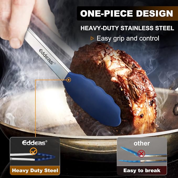 Tongs For Cooking - Silicone Metal Kitchen Tong 7" 9" & 12" Blue | 600°F Heat Resistant Silicone Tong, All Metal handle Locking Tongs with Silicone Tips, Heavy Duty Stainless steel
