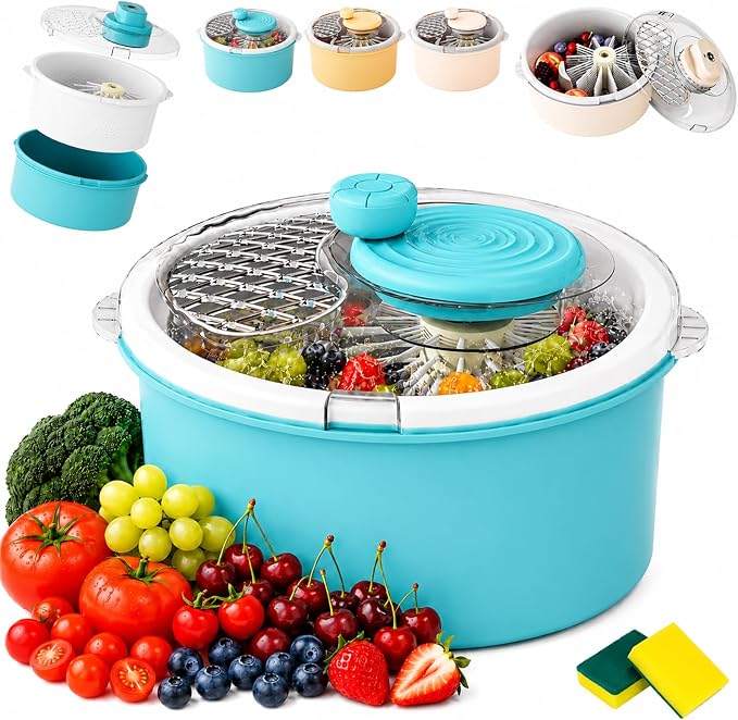 Electric Fruit Cleaner Spinner, 2-in-1 Salad Spinner, Strainer & Food Dryer, Multifunctional Fruit & Vegetable Washing Spinner Bowl, Home One-Touch Cordless Produce Cleaner Device (Blue,Manual)