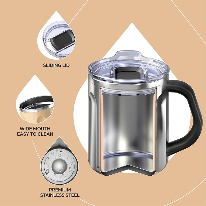 Ideus 16 oz Insulated Coffee Mug with Handle and Lid, Double Wall Stainless Steel Vacuum Thermal Coffee Mug, Travel Coffee Cup Thermal Cup for Home and Office, Golden-FUJI FLOW