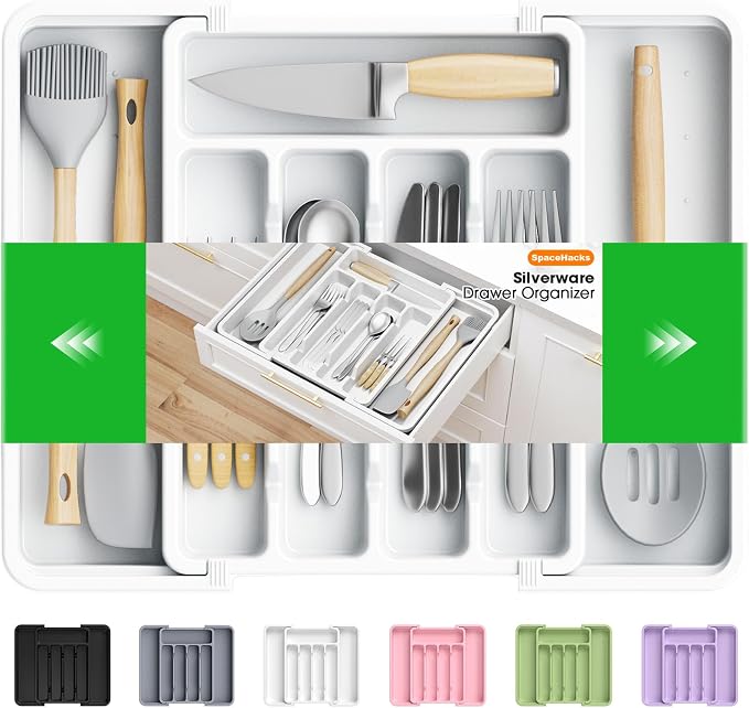 SpaceHacks Silverware Organizer，Adjustable & Expandable Drawer Organizer | Utensil Drawer Organizer, BPA Free Utensil Holder, Cutlery Tray for Forks, Spoons, Knives in Kitchen, Medium, White