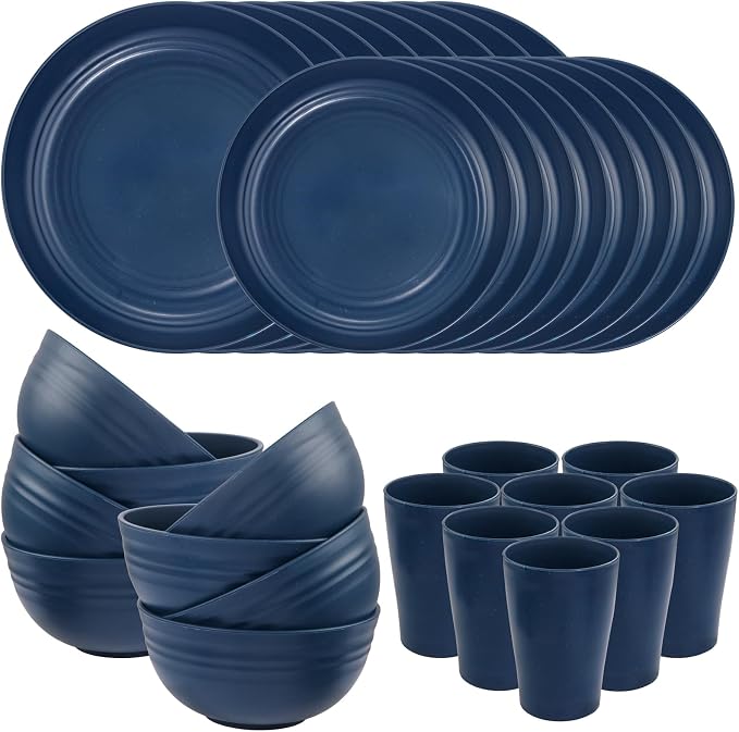 32PCS Blue Wheat Straw Dinnerware Sets for 8 Camper Plates | Unbreakable Midnight Blue Wheat straw Tableware Set,Lightweight Reusable Plastic Dishes for Camping,Party and Everyday Meals