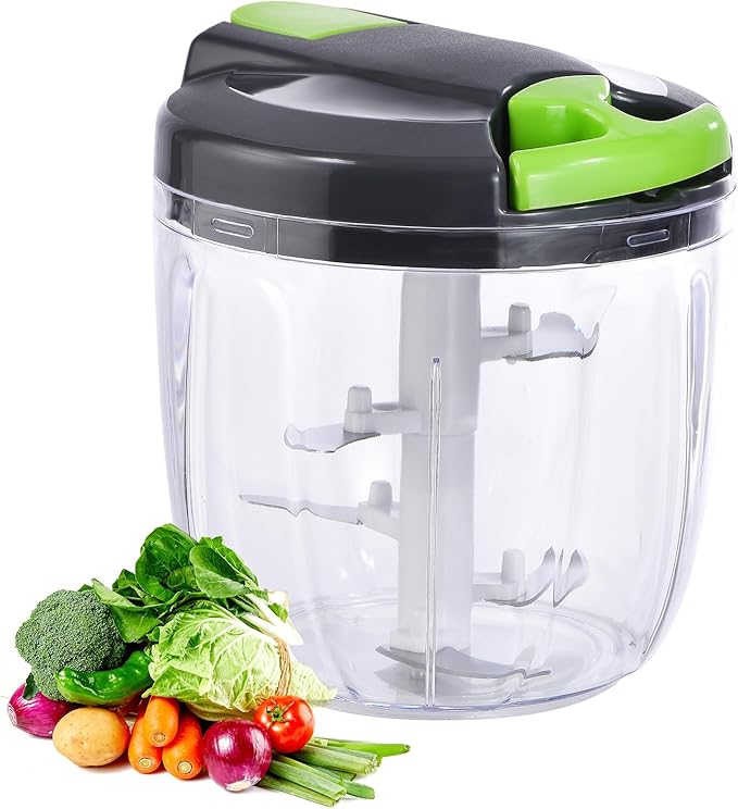 Manual Food Processor Vegetable Chopper, Portable Hand Pull String Garlic Mincer Onion Cutter for Veggies, Ginger, Fruits, Nuts, Herbs, etc., （900ml,Gray-green）