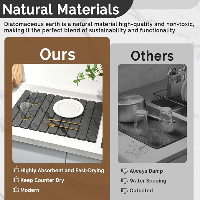 Large Stone Dish Drying Mat for Kitchen Counter, Quick Dry Stone Dishes Mats, Foldable Water Absorbing Diatomaceous Drying Pad for Countertop Bottles Utensils Cups Bathroom (Dark Gray 24"x16")