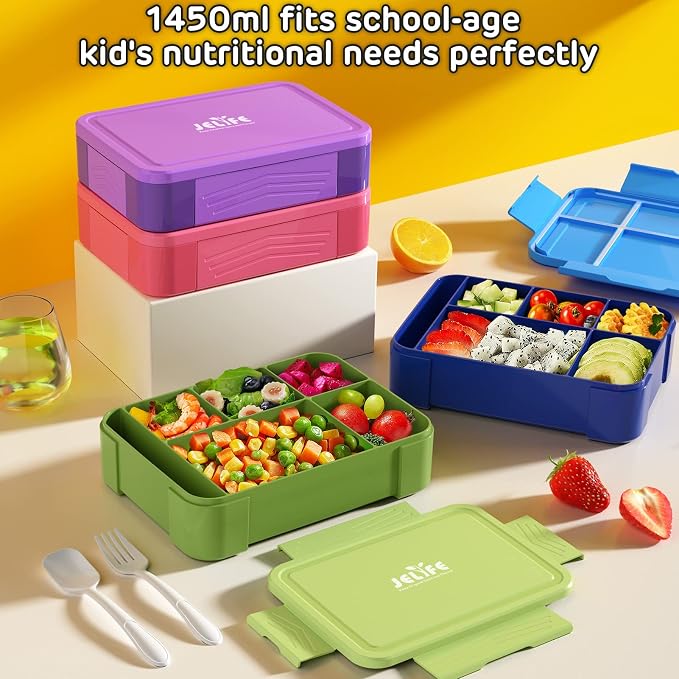Bento Box Kids Lunch Box - 1450ml Large Leakproof 6 Compartments Kids Lunchbox Toddler Bento Box with Utensils for School, Book-Style Reusable Lunch Snack Containers for Daycare