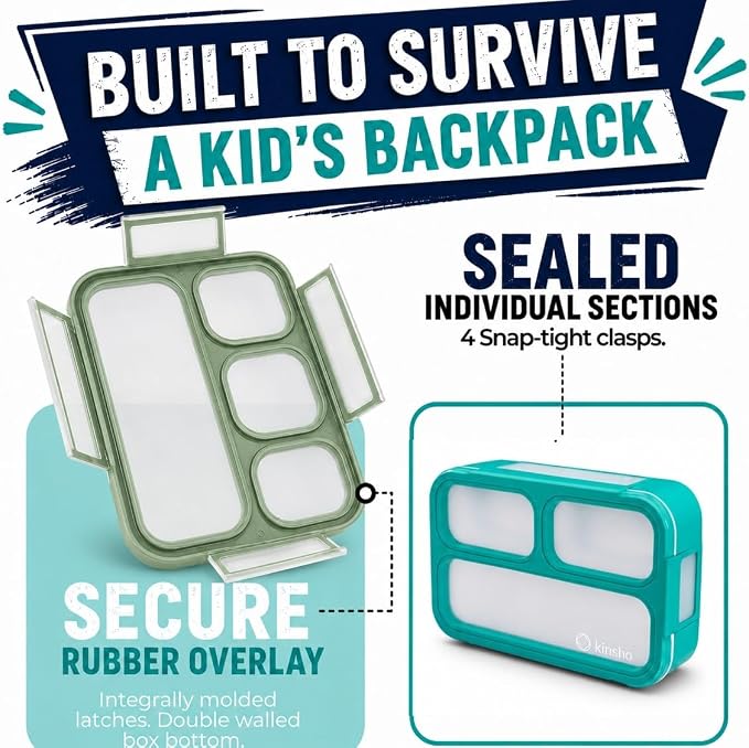 kinsho Bento-Box Lunch and Snack Boxes. Family Pack of 4 Meal Planning Portion Containers for Kids, Women, Adults. BPA Free. Utensils, Blue & Green Set (2 Large + 2 Small)