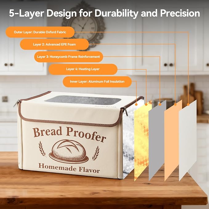 Proofing Box - Foldable Proofing Bread Box with 68-122°F Temp Control & 48H Timer, Bread Proofer for Sourdough, Pizza Dough, Yogurt, Kombucha, 5-Layer Fabric (Beige)