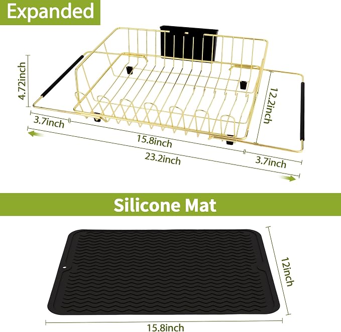 Golden Expandable Dish Drying Rack-Extra Large Stainless Steel Dish Drainer Over The Sink for Kitchen Countertop with Utensil Holder, Applicable for Sink Width 16'-22' (Gold,23.2'*12.2')