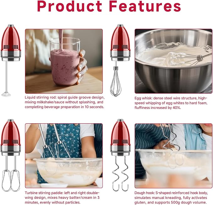 Hand Mixer Attachments Beater for Kitchenaid Hand Mixers KHM3 KHM5 KHM7 KHM9, Including Whisk, Mixing Rod and Dough Hook, Stainless Steel Hand Mixer Accessories (Set of 6)