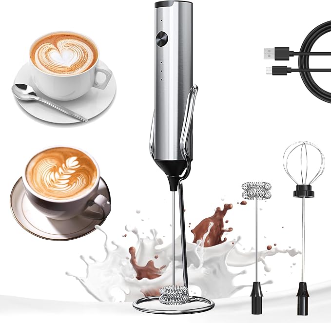YARRAMATE Rechargeable Milk Frother, 3-Speed Electric Mixer with Stand | Frother Wand with 2 Stainless Steel Whisks, Handheld Drink Mixer for Latte, Cappuccino, Matcha, Coffee and Protein Drinks